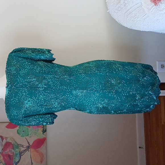 Vintage Sequin dress round neck short sleeve mini silk teal green size 6-8 - Picture 7 of 13